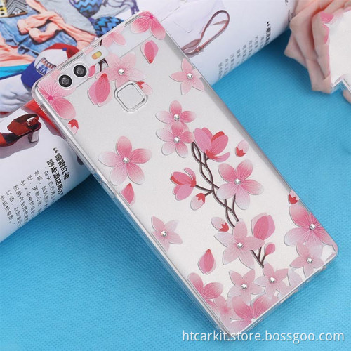 2016 latest High Quality Rhinestone transparent Soft tpu mobile case for huawei p9
